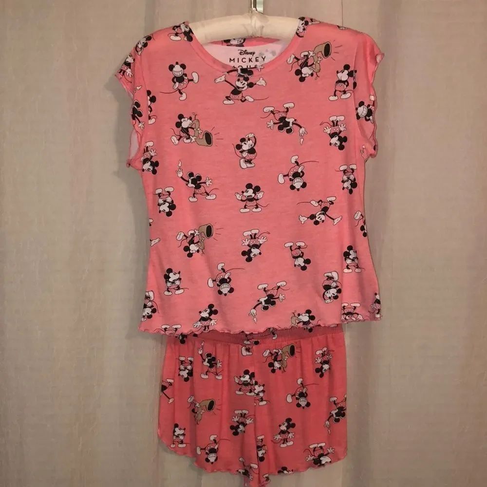 Disney 0-2 XS Coral Black White Mickey Mouse Short Sleeve Top & Shorts PJ Set
